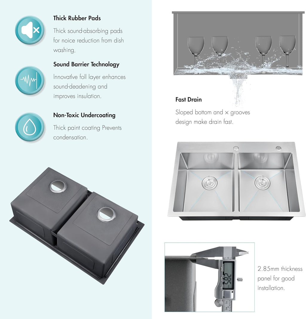 ATTOP 33 Inch Large Double Bowls Drop in Kitchen Sink,Nano Coating Stainless Steel Handmade Topmount Kitchen Sink