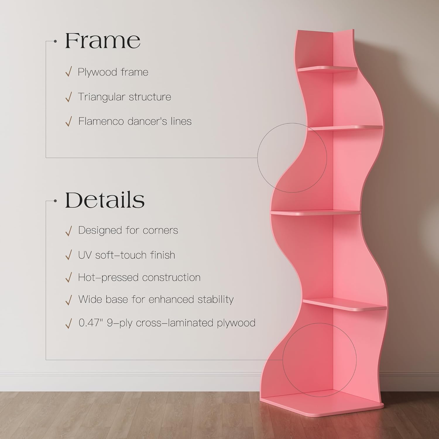 YOWOS 69.4' 5-Tier Modern Corner Bookshelf – Wavy Wooden Display Shelf with Storage, Narrow Corner Bookcase for Small Spaces, Ideal for Plants, Books & Decor (Pink)