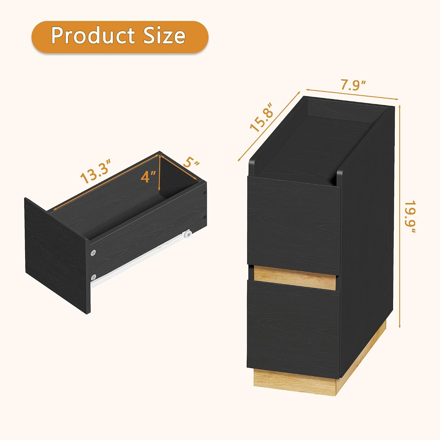 Narrow Night Stands, Modern Slim Nightstand Set of 2, Wooden Skinny Bedside Table 2 Drawers, Stackable Narrow Side Table with Drawers for Small Spaces, Bedroom, Living Room, Black