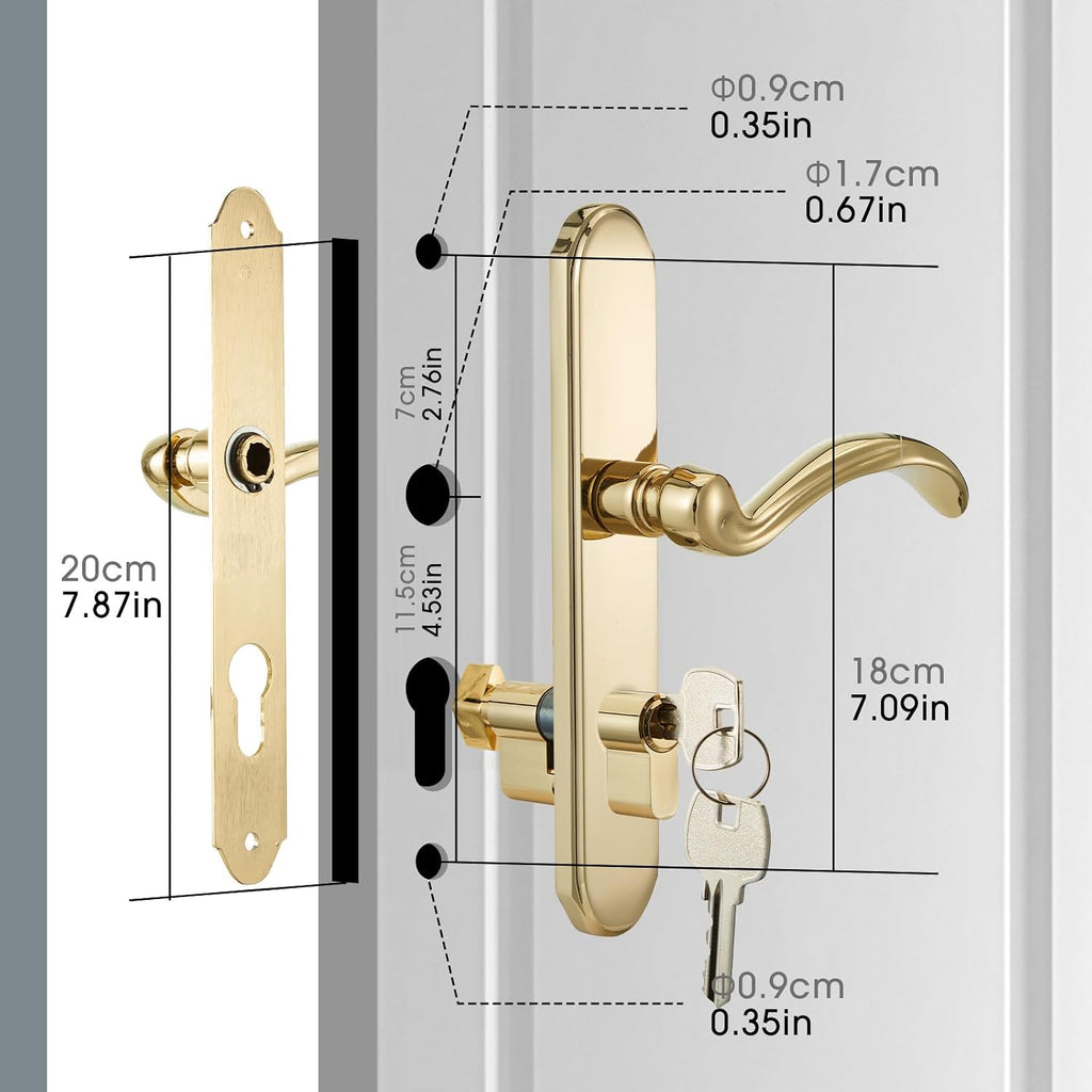 HauSun Storm Door Handle Set Replacement Kit with 2 Point Mortise Lock and Key,Security Door Keyed Lever Handle Fits for Pella or Larson Storm Door (Polished Gold)