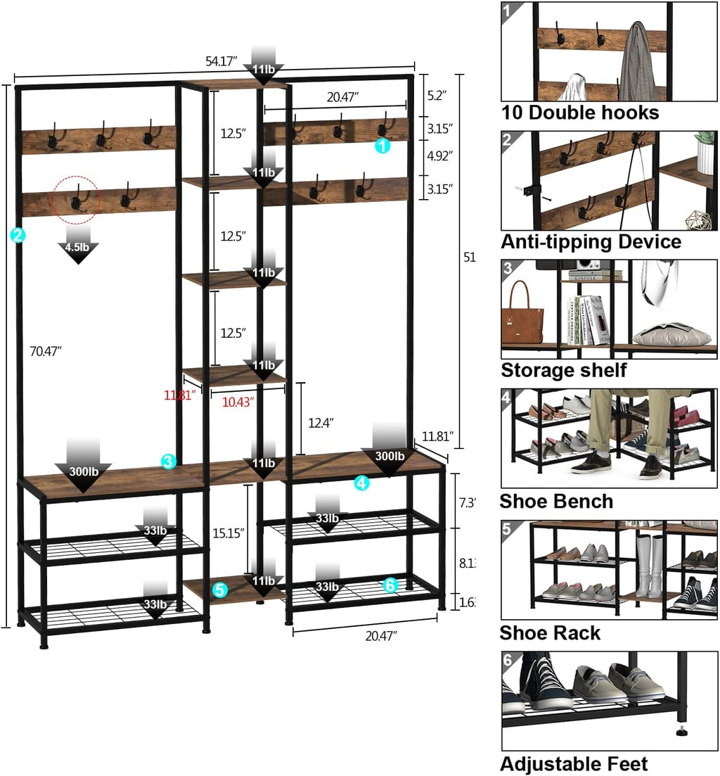 GiftGo Corner Hall Tree with Shoe Rack Storage Bench Display Open Shelves Modern Industrial Entryway Coat Rack Stand for Home Living Room Mudroom Bedroom Multifunctional 5 in 1 (Rustic Brown)