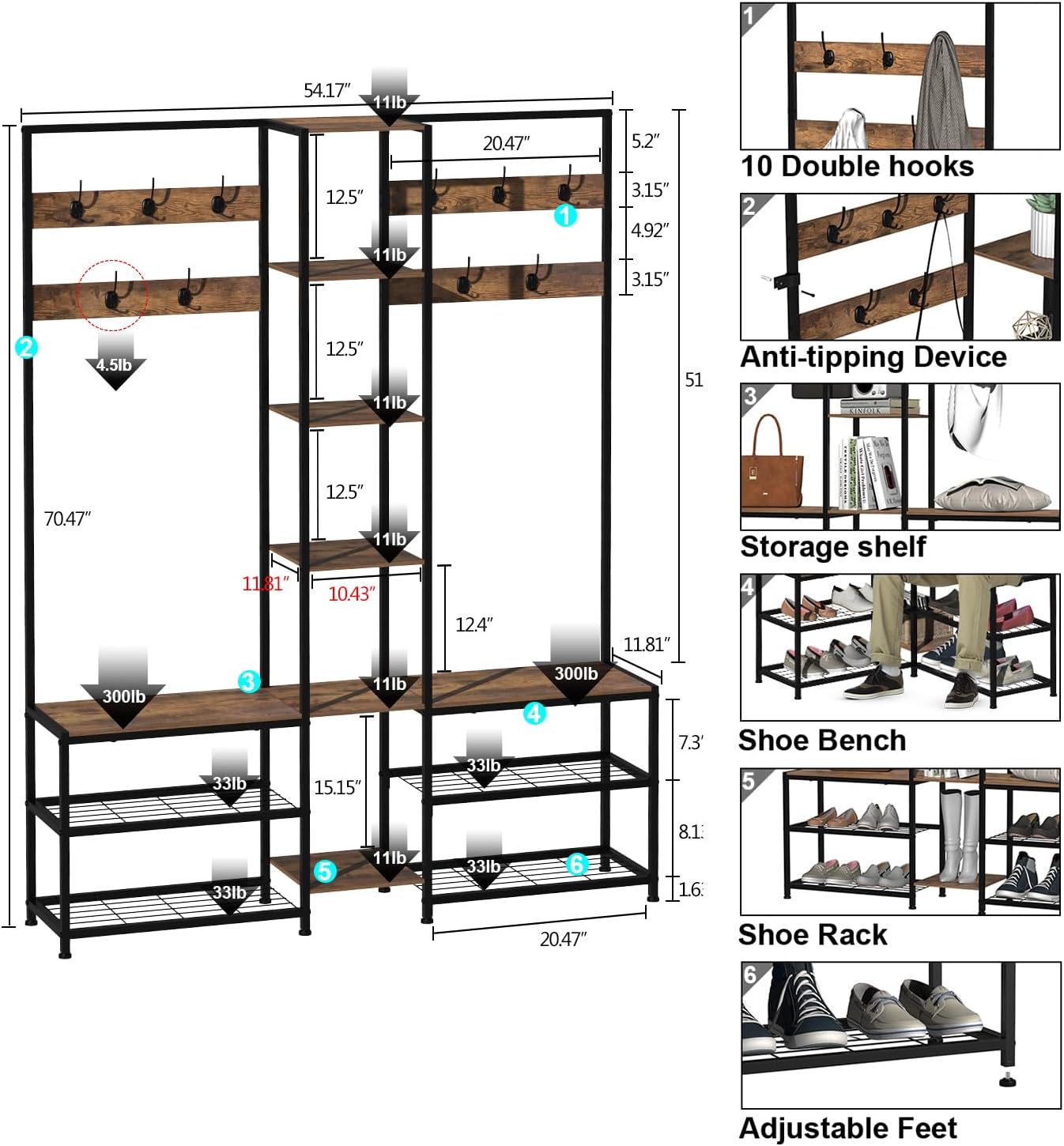 GiftGo Corner Hall Tree with Shoe Rack Storage Bench Display Open Shelves Modern Industrial Entryway Coat Rack Stand for Home Living Room Mudroom Bedroom Multifunctional 5 in 1 (Rustic Brown)
