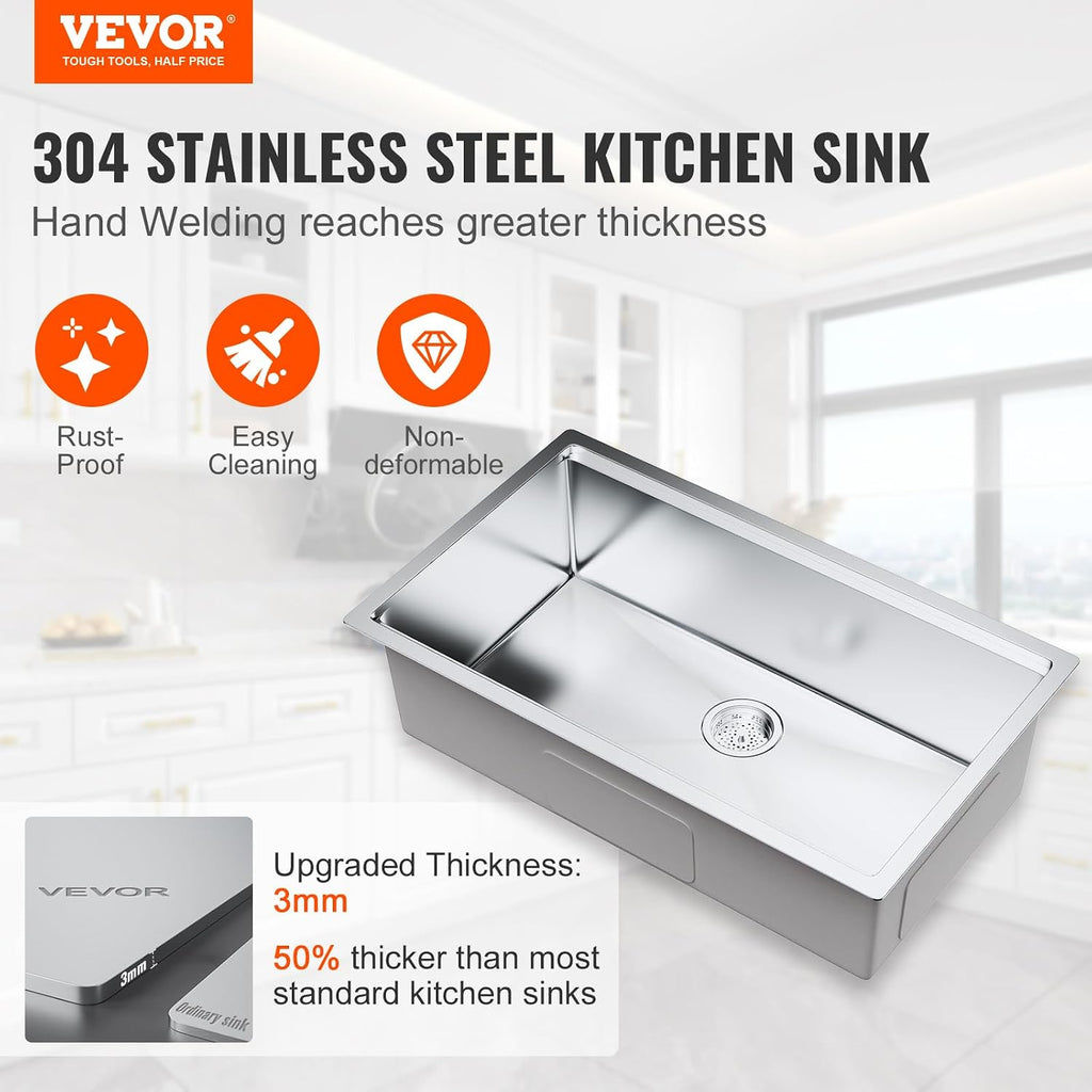 VEVOR 32 inch Kitchen Single Sink, 304 Stainless Steel Undermount Sink Drop-In Single Bowl Farmhouse Basin with Ledge & Multiple Accessories, Household Dishwasher Sinks for Prep Kitchen, Bar 32'*19'