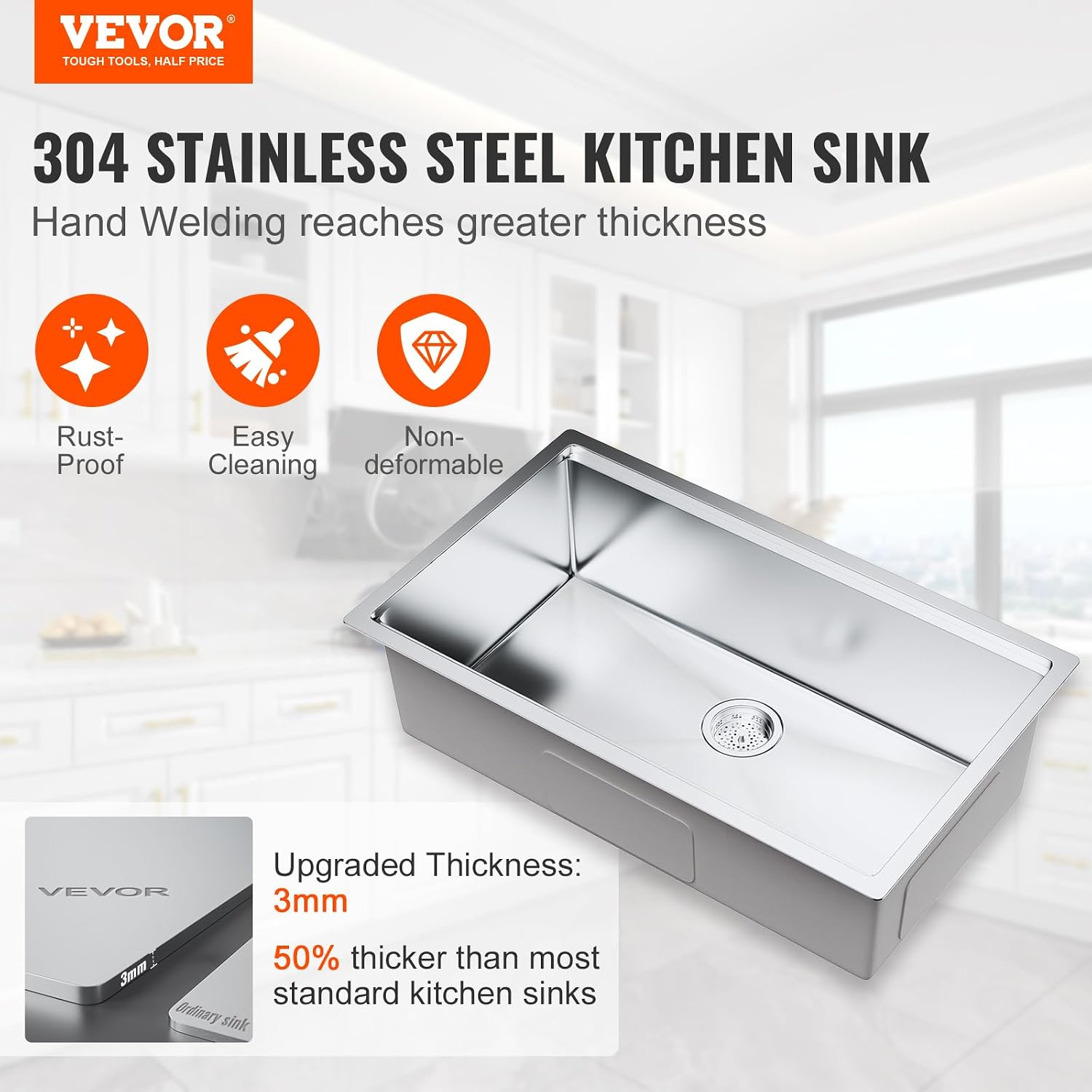 VEVOR 32 inch Kitchen Single Sink, 304 Stainless Steel Undermount Sink Drop-In Single Bowl Farmhouse Basin with Ledge & Multiple Accessories, Household Dishwasher Sinks for Prep Kitchen, Bar 32'*19'
