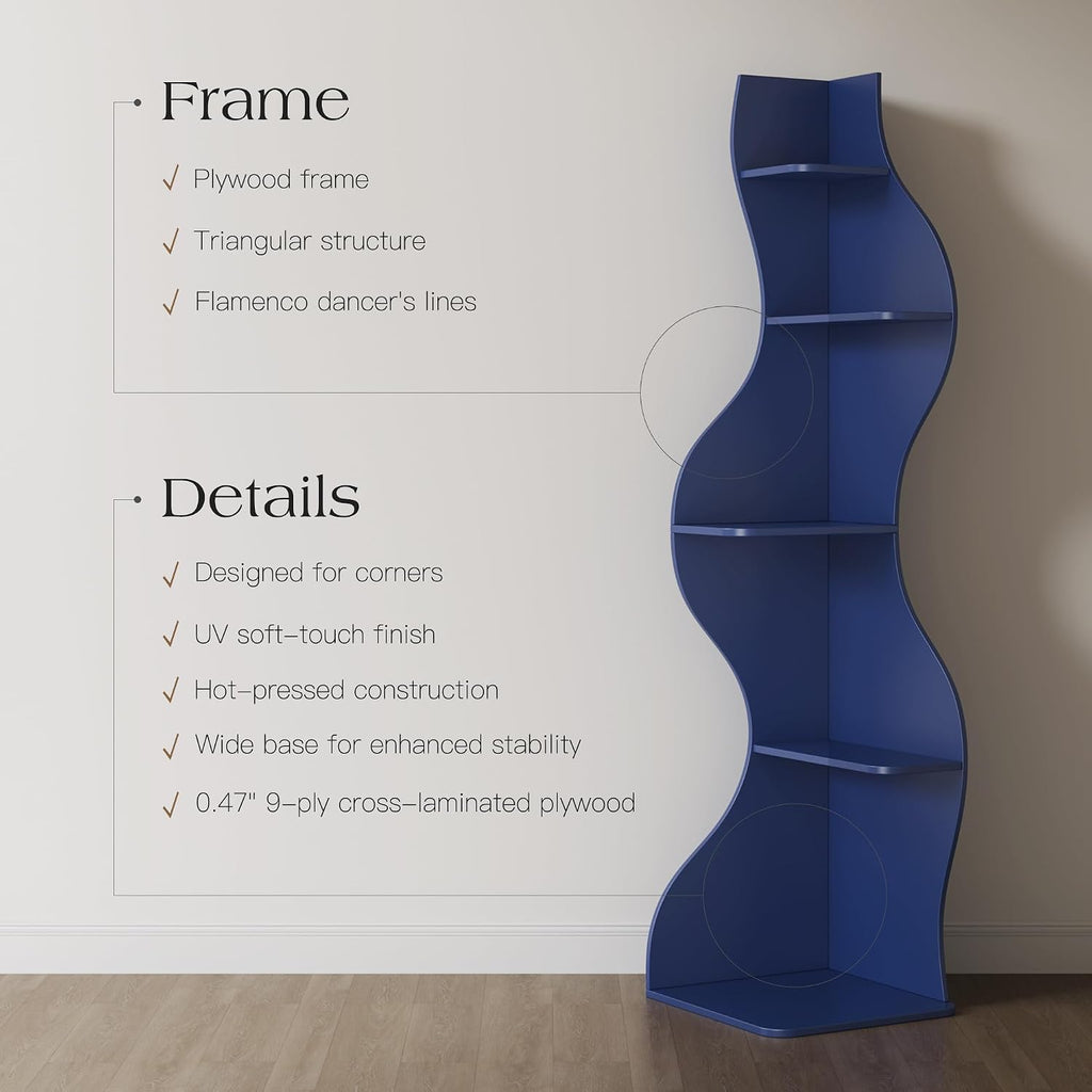 YOWOS 69.4' 5-Tier Modern Corner Bookshelf – Wavy Wooden Display Shelf with Storage, Narrow Corner Bookcase for Small Spaces, Ideal for Plants, Books & Decor (Blue)