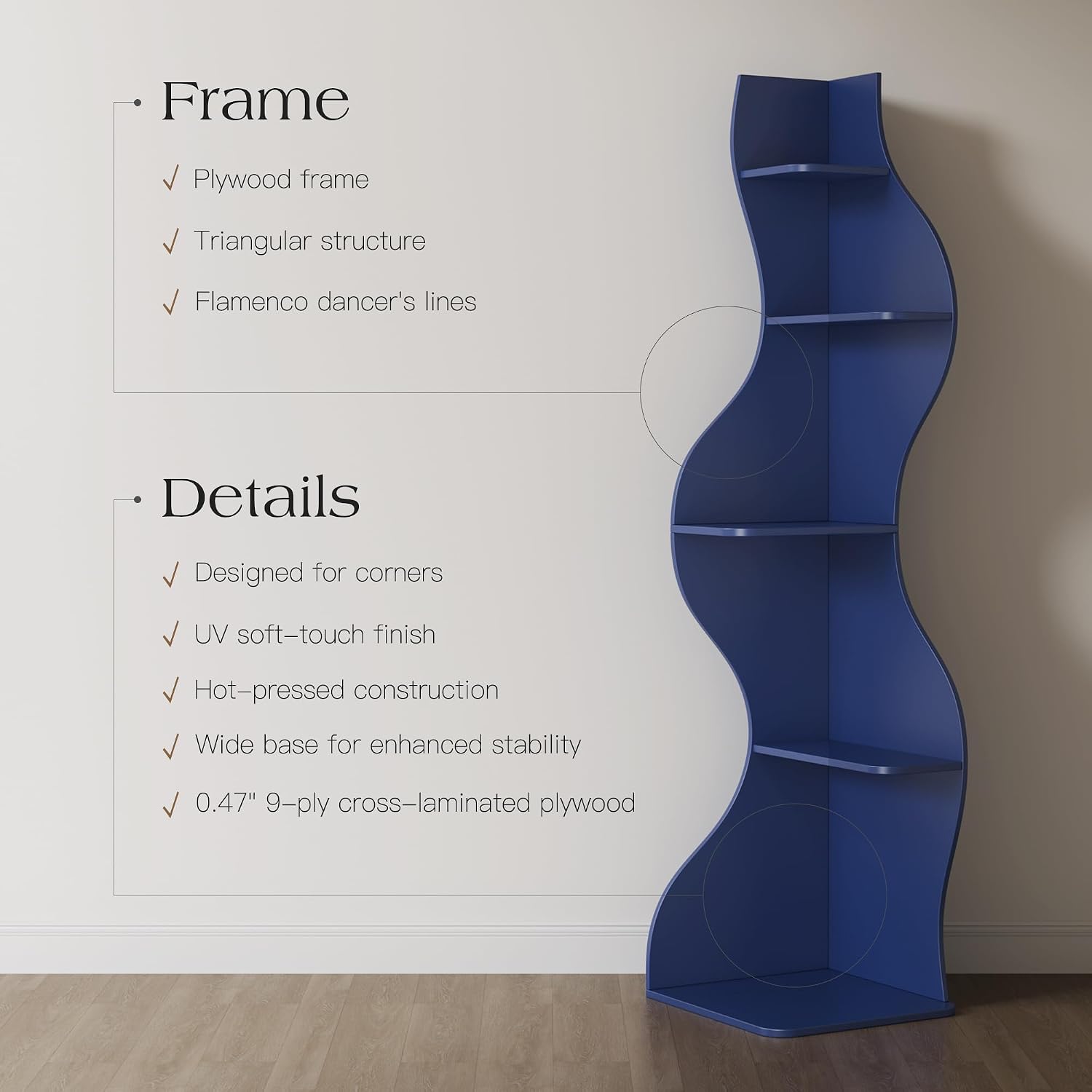 YOWOS 69.4' 5-Tier Modern Corner Bookshelf – Wavy Wooden Display Shelf with Storage, Narrow Corner Bookcase for Small Spaces, Ideal for Plants, Books & Decor (Blue)
