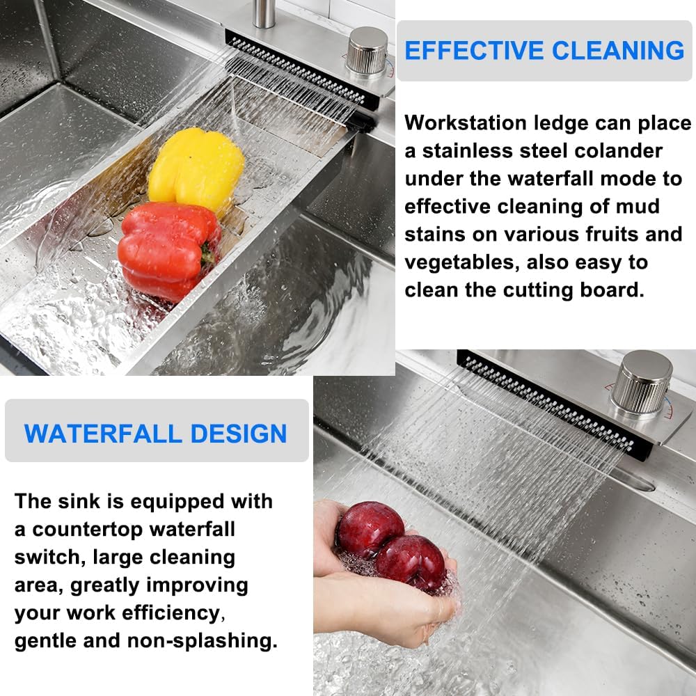 33 Inch Drop In Waterfall Kitchen Sink, 33x22 Drop in Kitchen Sink with Faucet Workstation Kitchen Sink 16 Gauge Stainless Steel Single Bowl Multifunctional Modern Kitchen Sink