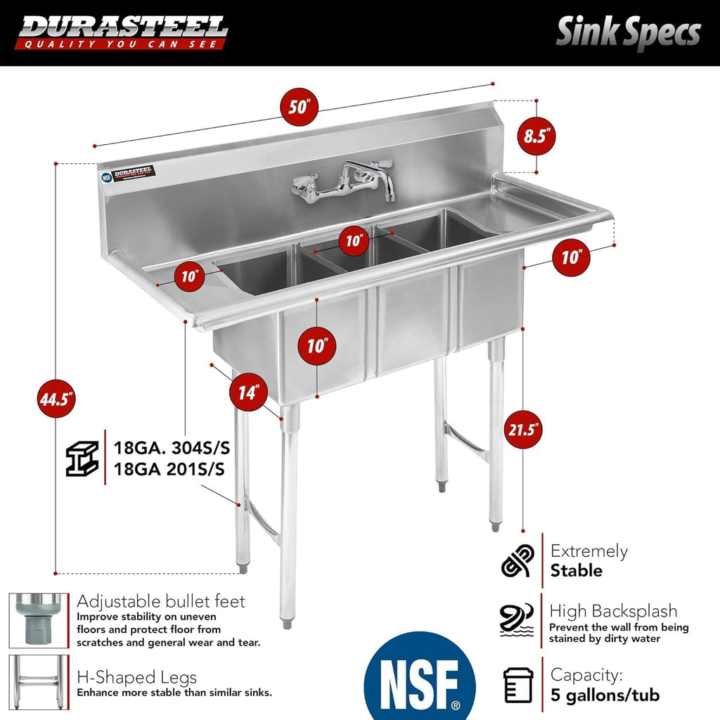 DuraSteel 3 Compartment Sink with Faucet - NSF Stainless Steel 10' x 14' x 10' 3 Bay Sinks Commercial Sink with Double Drainboard - Three Industrial Kitchen Concession Sinks Restaurant, Food Truck
