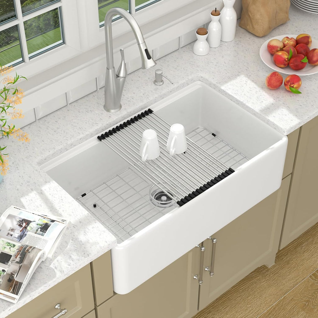 Lordear 30 Inch Farmhouse Kitchen Sink White Fireclay Farmhouse Apron Front 30x20 Kitchen Sink Workstation Classic Under Counter Single Bowl Sinks