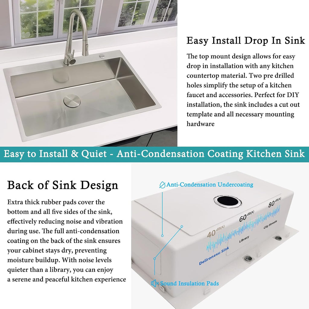 33x22 Drop In Kitchen Sink - Delironexu 16 Gauge Top Mount Stainless Steel Kitchen Sink, 33 Inch Deep Single Bowl kitchen Sinks with 3-Piece Accessories
