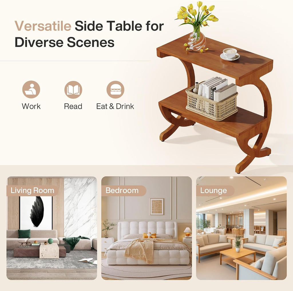 Tribesigns 2pcs Wood End Table, 2-Tier Modern Side Table with Storage Shelves and Curved Crossed Legs, Slim Nightstand for Living Room, Bedroom, Easy Assembly, Walnut Color (2)