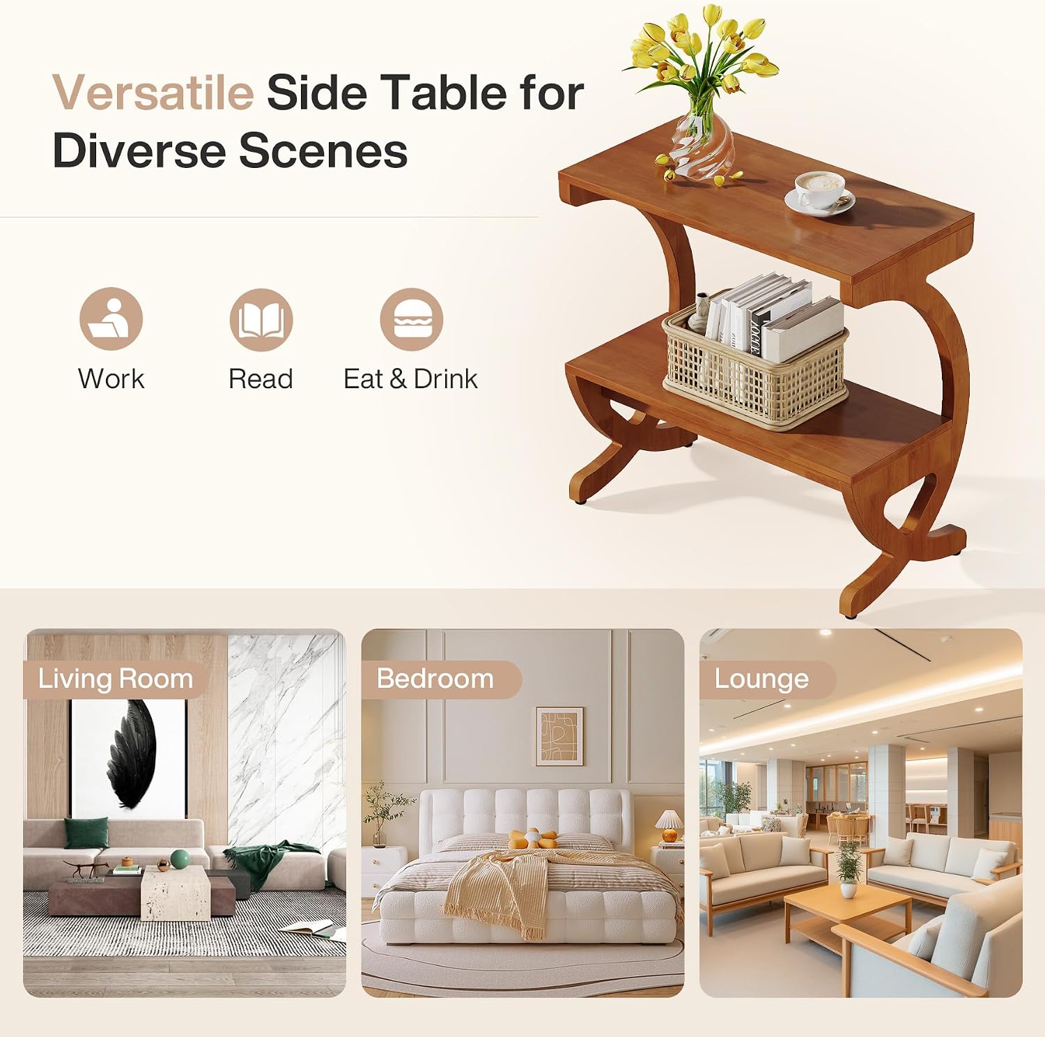 Tribesigns 2pcs Wood End Table, 2-Tier Modern Side Table with Storage Shelves and Curved Crossed Legs, Slim Nightstand for Living Room, Bedroom, Easy Assembly, Walnut Color (2)
