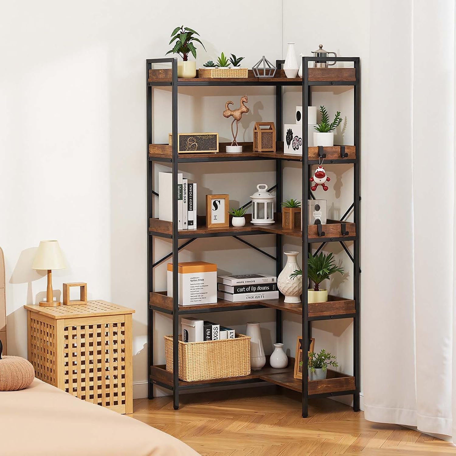 VEVOR 5 Tier Corner Bookshelf, Tall Corner Bookcase with 4 Hooks, L-Shaped Bookshelf Organizer with Metal Frame & Wooden Shelves, Reversible Display Book Shelf Rack for Bedroom, Living Room, Office