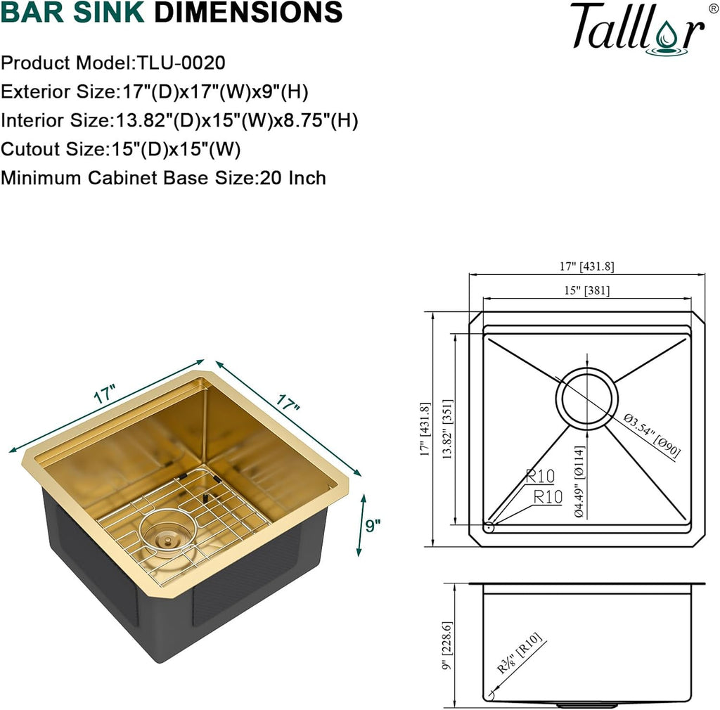 Undermount Bar Sink - 17x17 Inch Workstation Gold Wet Bar Stainless Steel 16 Gauge Single Bowl Under Counter Small Prep Sinks with Cutting Board and Assembly #TLU-0020