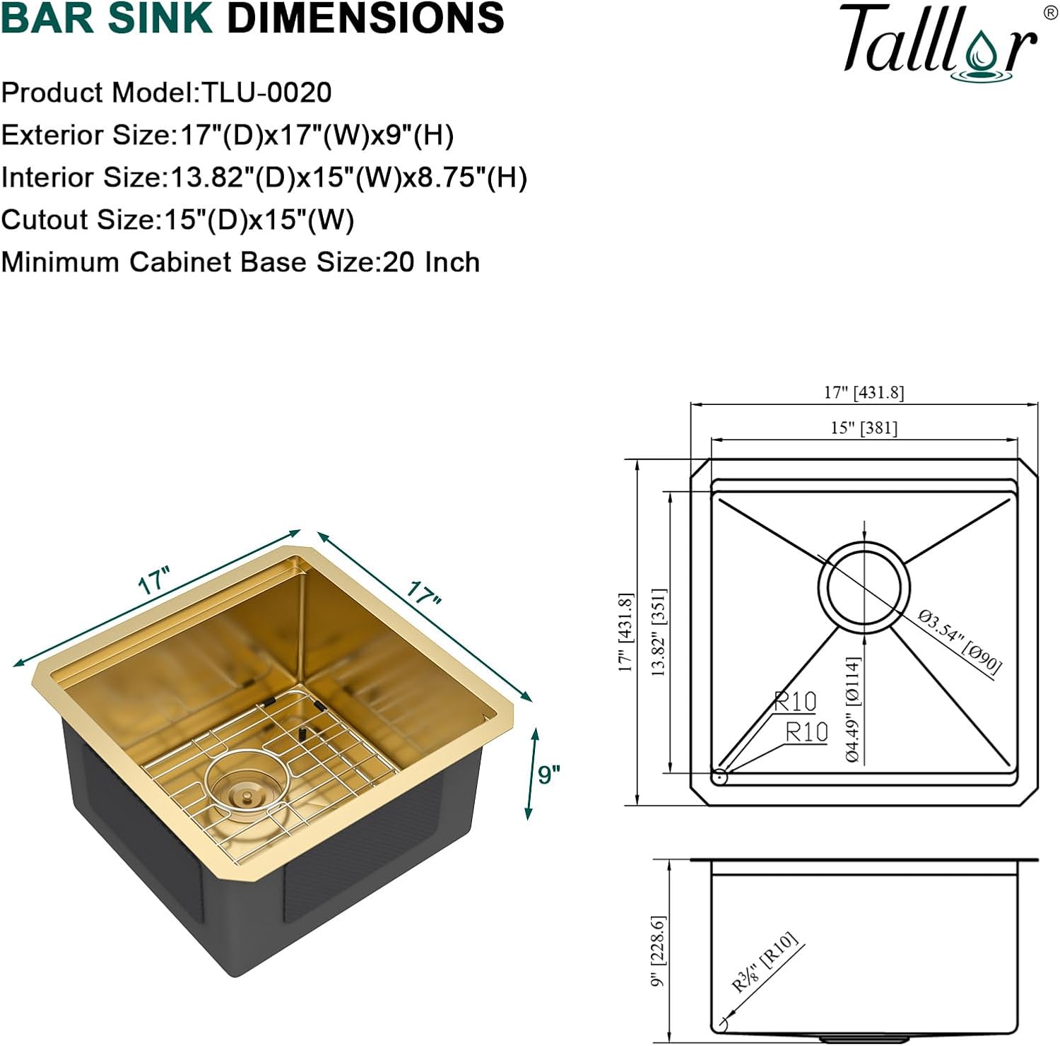 Undermount Bar Sink - 17x17 Inch Workstation Gold Wet Bar Stainless Steel 16 Gauge Single Bowl Under Counter Small Prep Sinks with Cutting Board and Assembly #TLU-0020