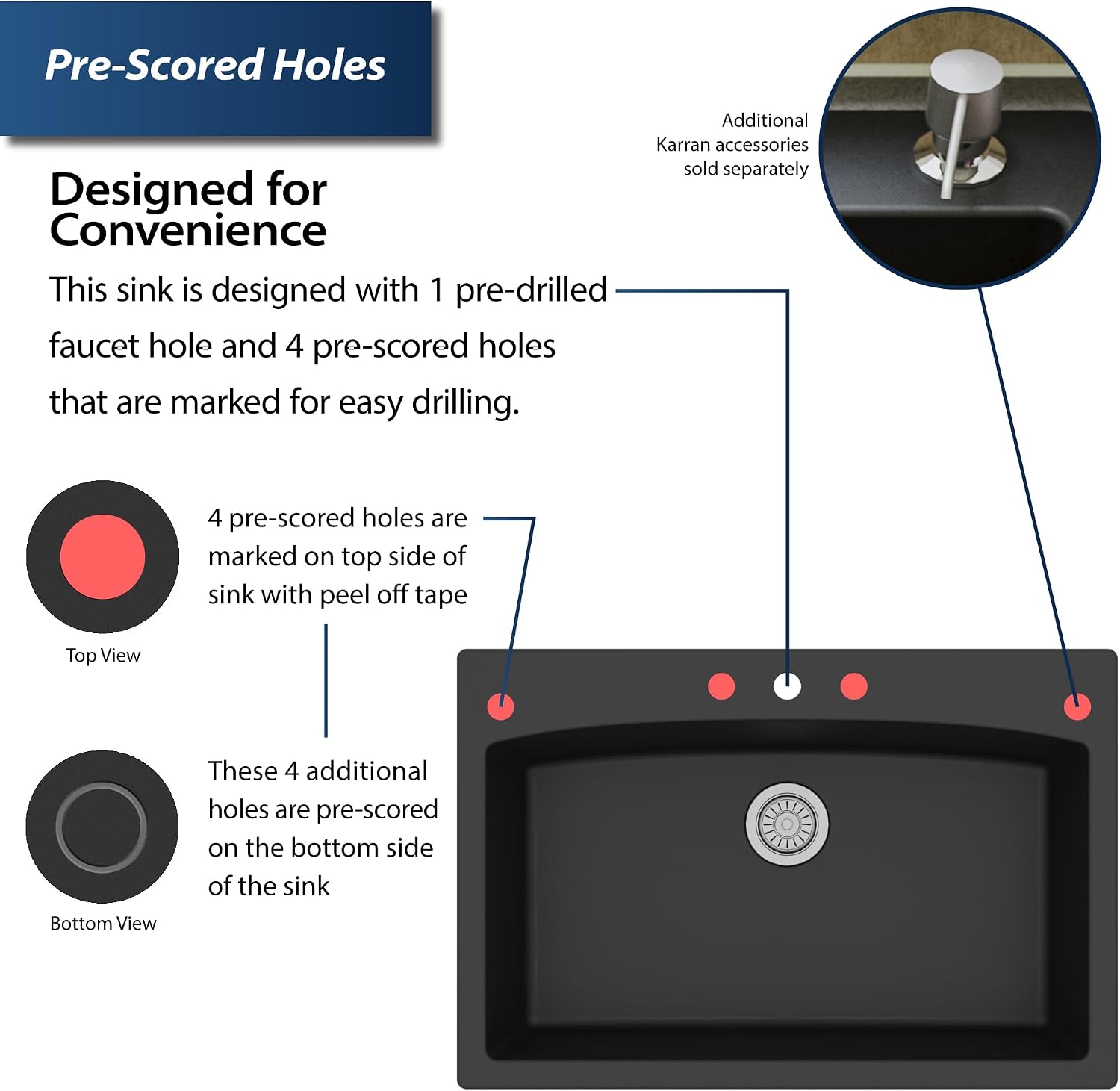 Karran QT-712 33 Inch Drop-In Quartz Composite Single Bowl Kitchen Sink, Top Mount, 1-Hole, Heat & Scratch Resistant, Easy Clean, Black