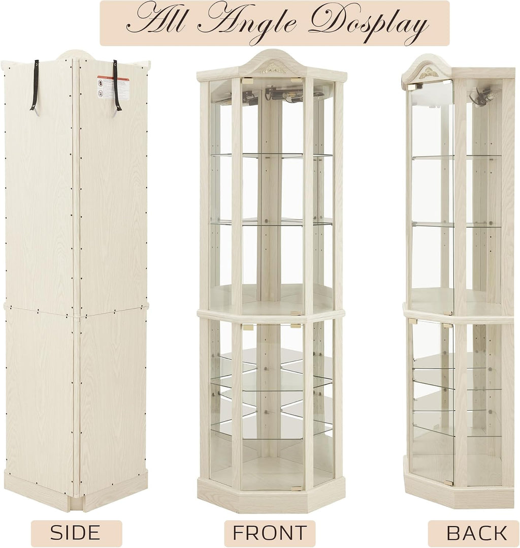 72' H Lighted Corner Curio Cabinet, Wooden Curio Cabinet with Tempered Glass Doors, 6-Tier Shelves Corner Cabinet with Glass, Liquor Display Storage Rack for Living Room(White)