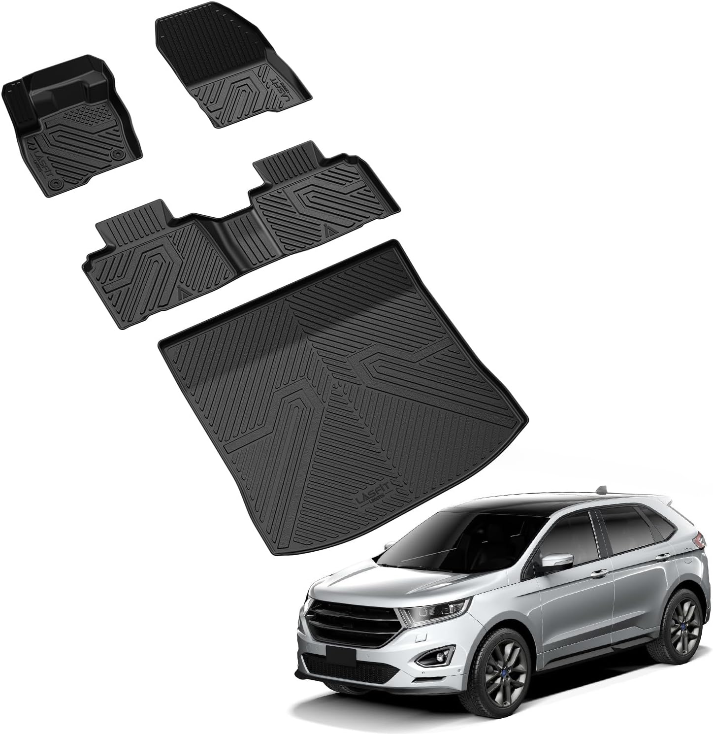 LASFIT Floor Mats and Cargo Liner for Ford Edge 2015-2024 All Weather Protector TPE Car Liners Custom Fit Vehicle Accessories, 1st & 2nd & Trunk Mat Combo Set, 4pcs Black