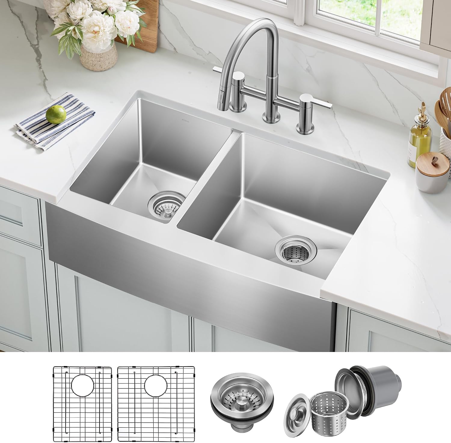 Kraus KHF204-33 Standart PRO Kitchen Stainless Steel Sink, 16 Gauge, 33' Undermount Round Apron 40/60 Double Bowl Kitchen Sink