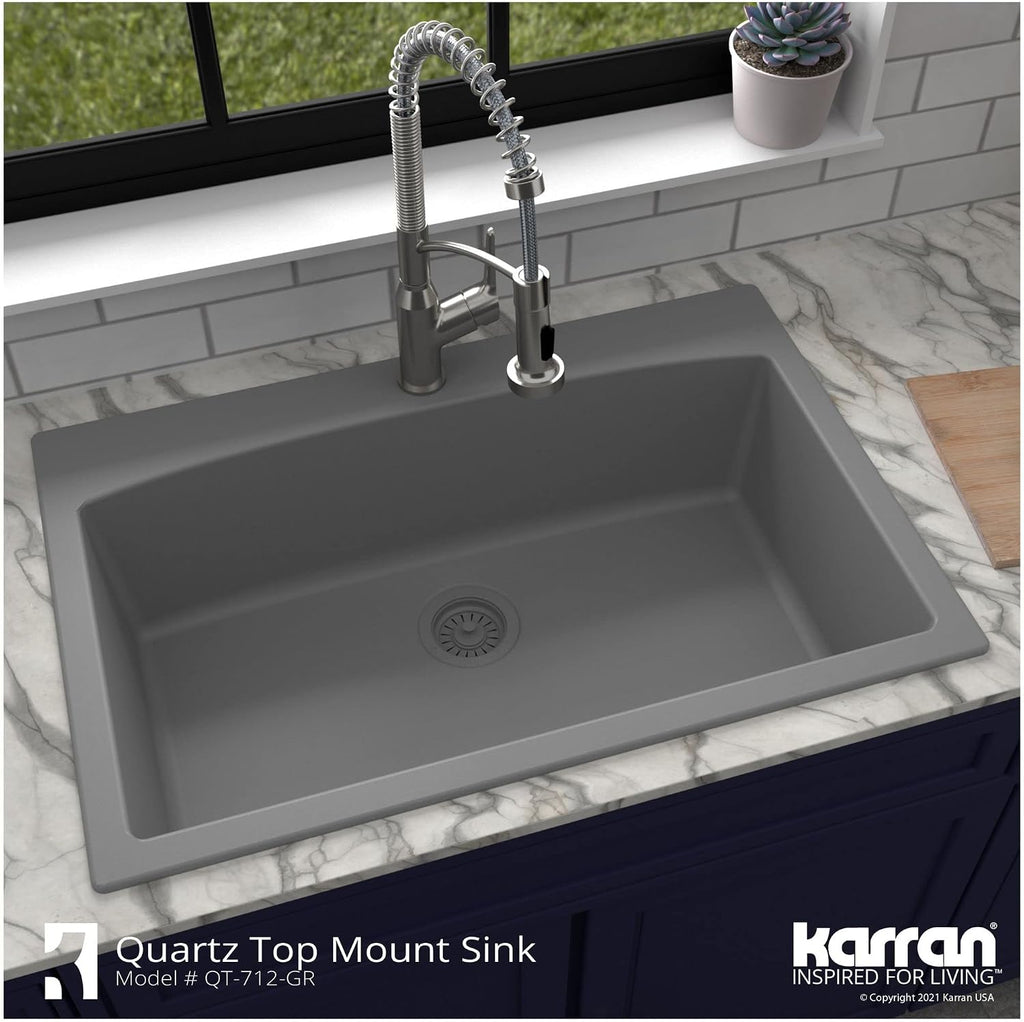 Karran QT-712 33 Inch Drop-In Quartz Composite Single Bowl Kitchen Sink, Top Mount, 1-Hole, Heat & Scratch Resistant, Easy Clean, Grey