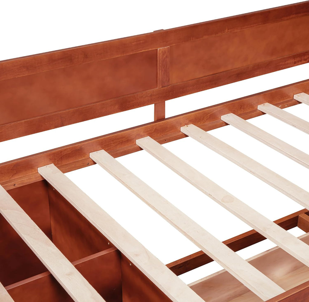 Harper & Bright Designs Twin Corner Bed Frame with Drawers and Shelves,Wood Daybed with L Shape Heaboard,Floor Storage Platform Bed Frame for Bedroom Living Room,Walnut