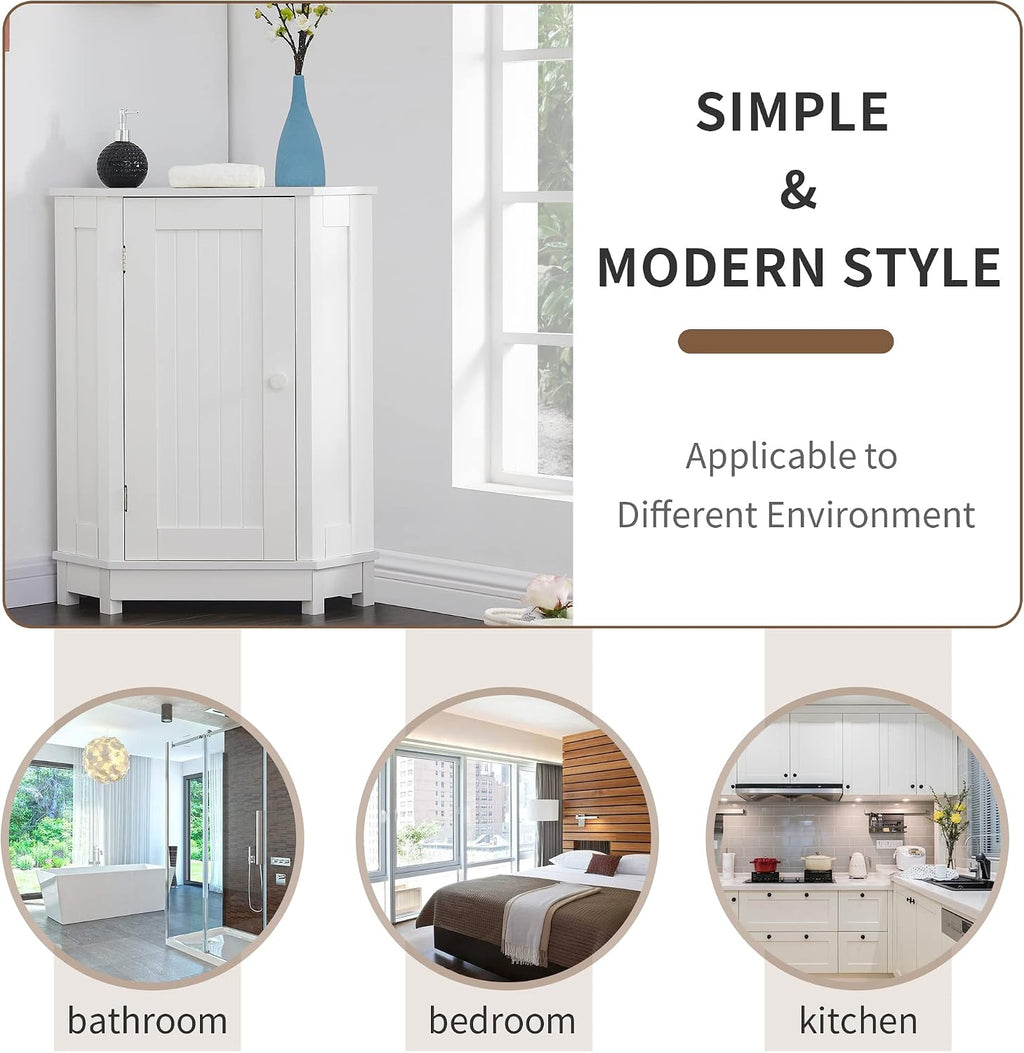Merax Corner Cabinet White Bathroom Floor Storage with Adjustable Shelves for Kitchen, Living Room