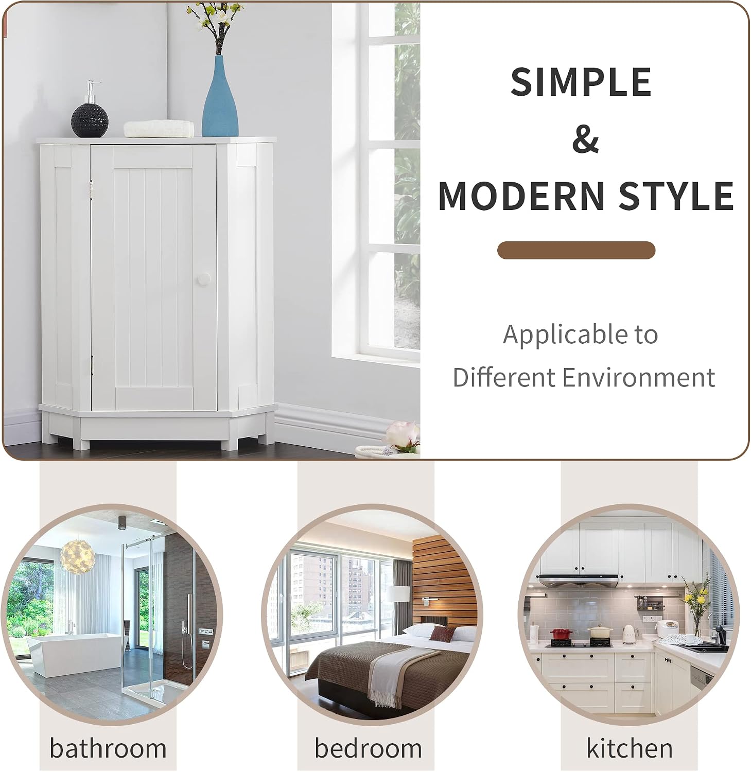Merax Corner Cabinet White Bathroom Floor Storage with Adjustable Shelves for Kitchen, Living Room