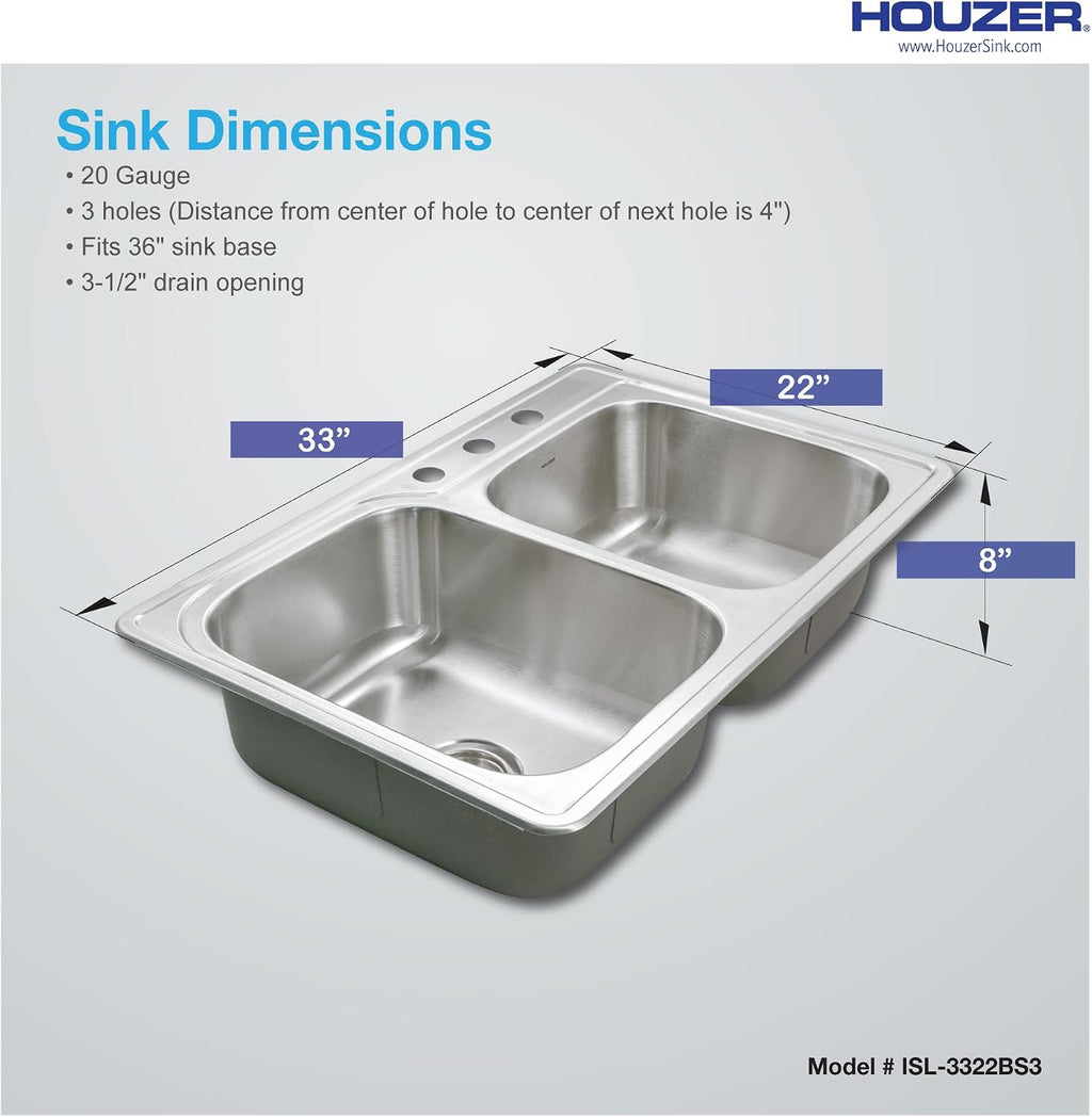 Houzer Glowtone Stainless Steel Kitchen Bar & Prep Sink - 33 Inch Drop-In Topmount 3-Hole 60/40 Double Bowl Sink, Durable & Versatile, Nested 20-Pack - ISL-3322BS3-20