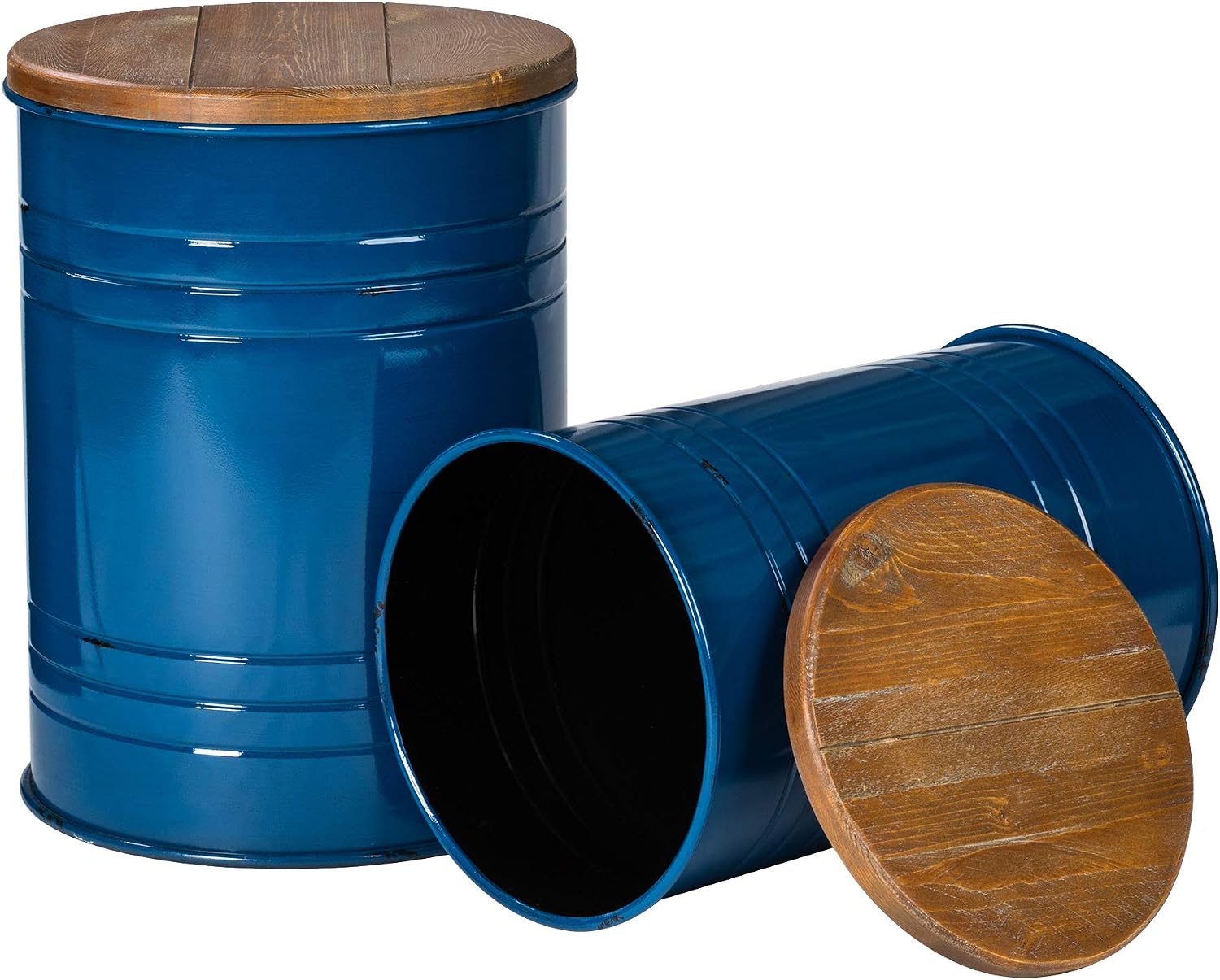 Glitzhome 4-Piece Galvanized Side Table Set, Metal Farmhouse Barrel Toy Box Bins with Round Wood Lid, Rustic Ottoman Seat Stool with Large Storage Space, for Living Room, Bedroom,Nary Blue