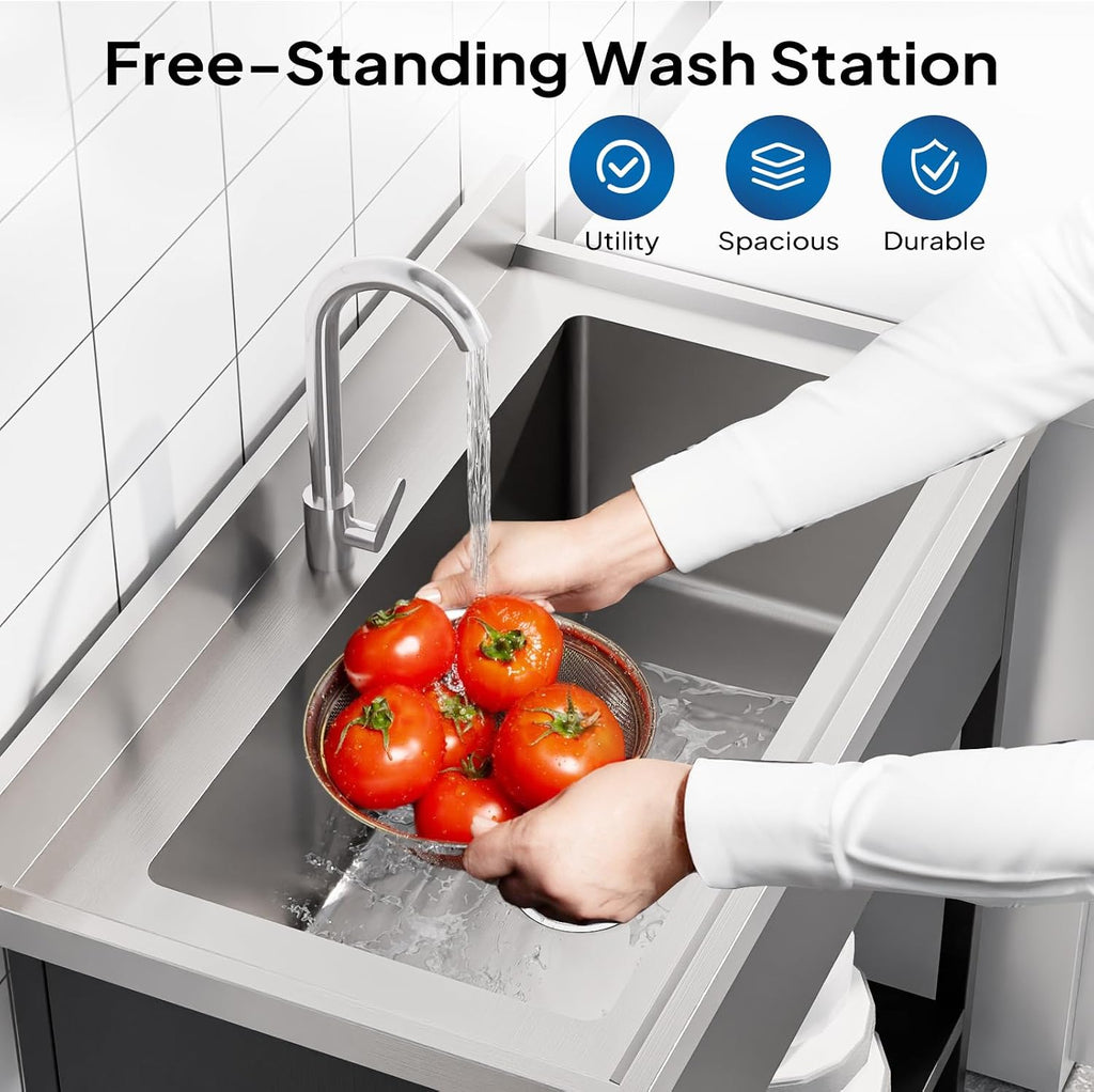 ROVSUN Stainless Steel Utility Sink, 18-gauge Free Standing with Faucet & Legs for Laundry Room, Kitchen, Restaurant, Garage, Outdoor Garden, Backyard, Industrial 20'D x 36'W x 35.5'H Black