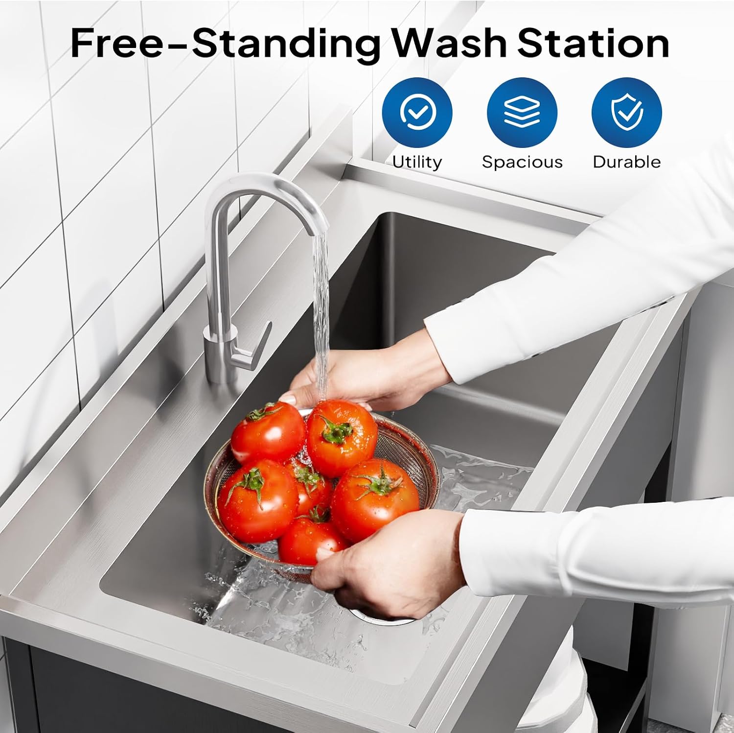 ROVSUN Stainless Steel Utility Sink, 18-gauge Free Standing with Faucet & Legs for Laundry Room, Kitchen, Restaurant, Garage, Outdoor Garden, Backyard, Industrial 20'D x 36'W x 35.5'H Black