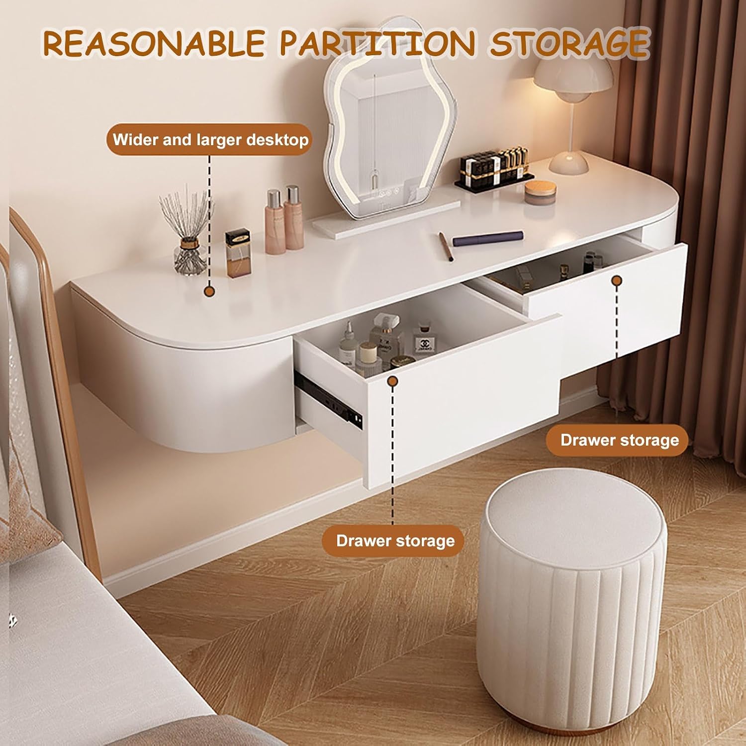Floating Makeup Vanity for Wall, White Corner Floating Desk Dresser, Wall Mounted Floating Dressing Table with Storage, Small Wood Vanity Desk with Mirror and Lights, Bedside Vanity with Shelf Bedroom