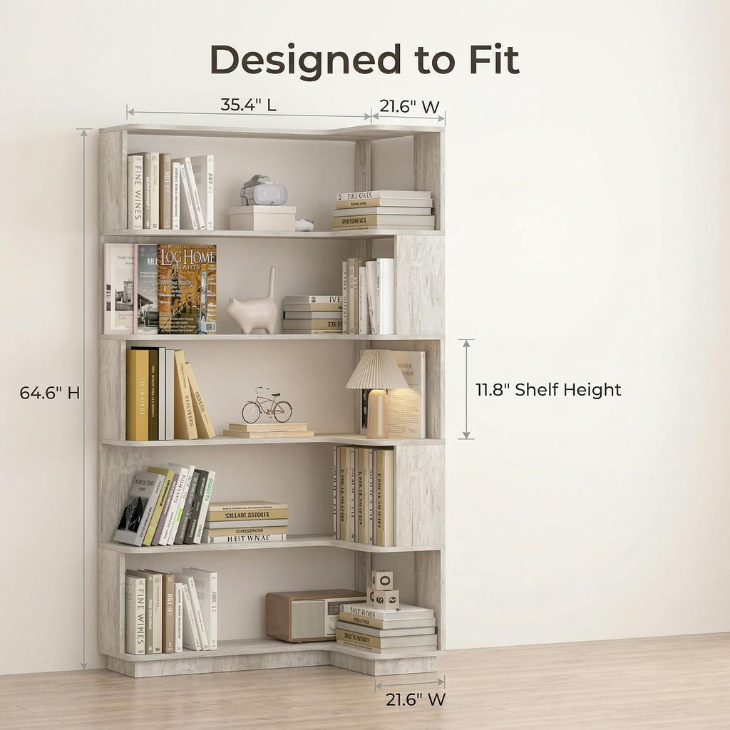 5 Tier Corner Bookshelf, Freestanding L-Shaped Wooden Bookcase with Open Shelves, Anti-Fall Panels and Anti-Tipping Device for Living Room, Home Office (Light Gray with Left Extension)