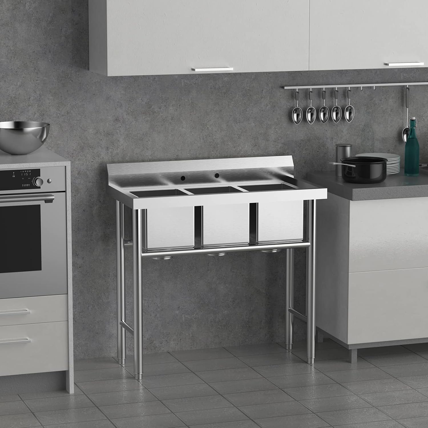 Bonnlo 3-Compartment NSF 304 Stainless Steel Utility Sink Commercial Grade Laundry Tub Culinary Sink for Outdoor Indoor, Garage, Restaurant, Kitchen, Laundry/Utility Room - 39' W x 18' D x 40.2' H