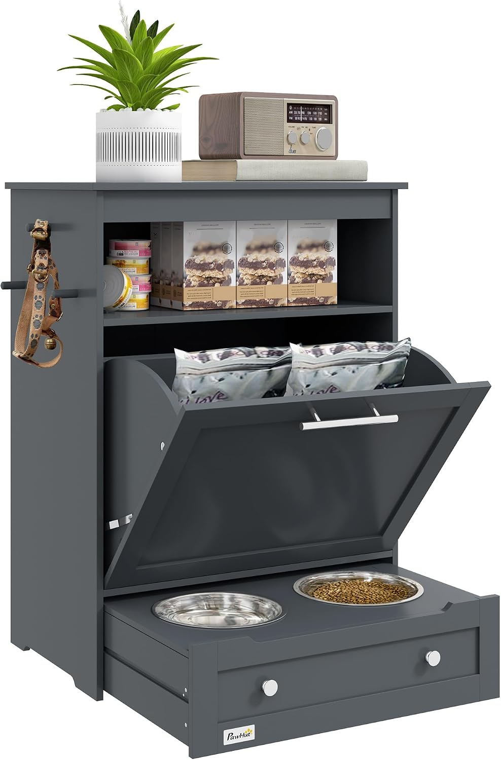 PawHut Dog Feeding Station with Raised Bowls, Dog Food Storage Cabinet with Hanger for Feeding & Watering Supplies, Pet Feeder Station, Gray