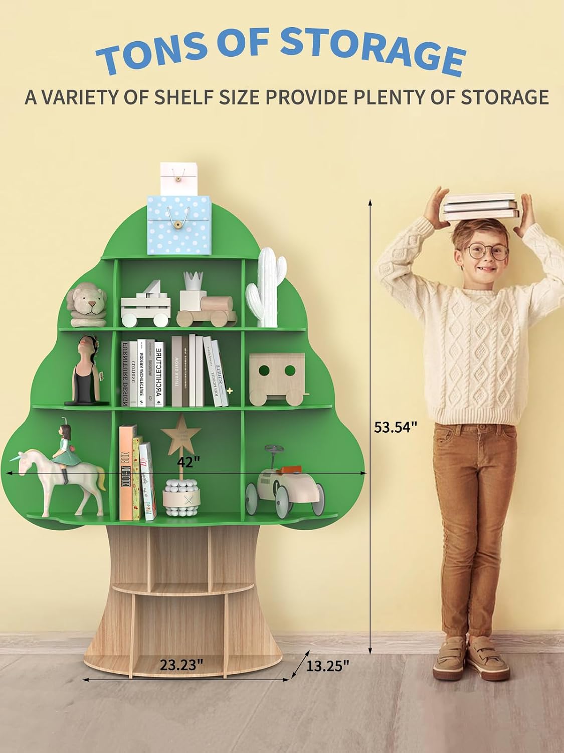 Bear Qiaqia Tree Kids Bookshelf, Toddler Wood Bookcase, 16-Cubby Children Toy Storage Organizer Book Shelf for Kids Rooms, Nursery, Bedroom, Living Room, Classroom, Boy Girl's Gift (Green Tree)
