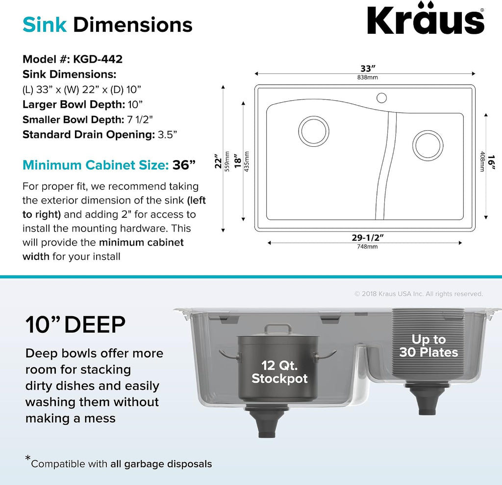 KRAUS Quarza 33-inch Drop-In/Undermount 60/40 Double Bowl Granite Kitchen Sink in White, KGD-442WHITE