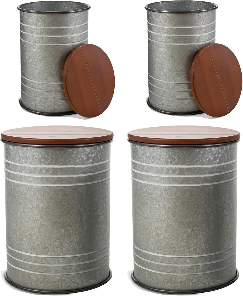 Glitzhome 4-Piece Galvanized Side Table Set, Metal Farmhouse Barrel Toy Box Bins with Round Wood Lid, Rustic Ottoman Seat Stool with Large Storage Space, for Living Room, Bedroom,Grey