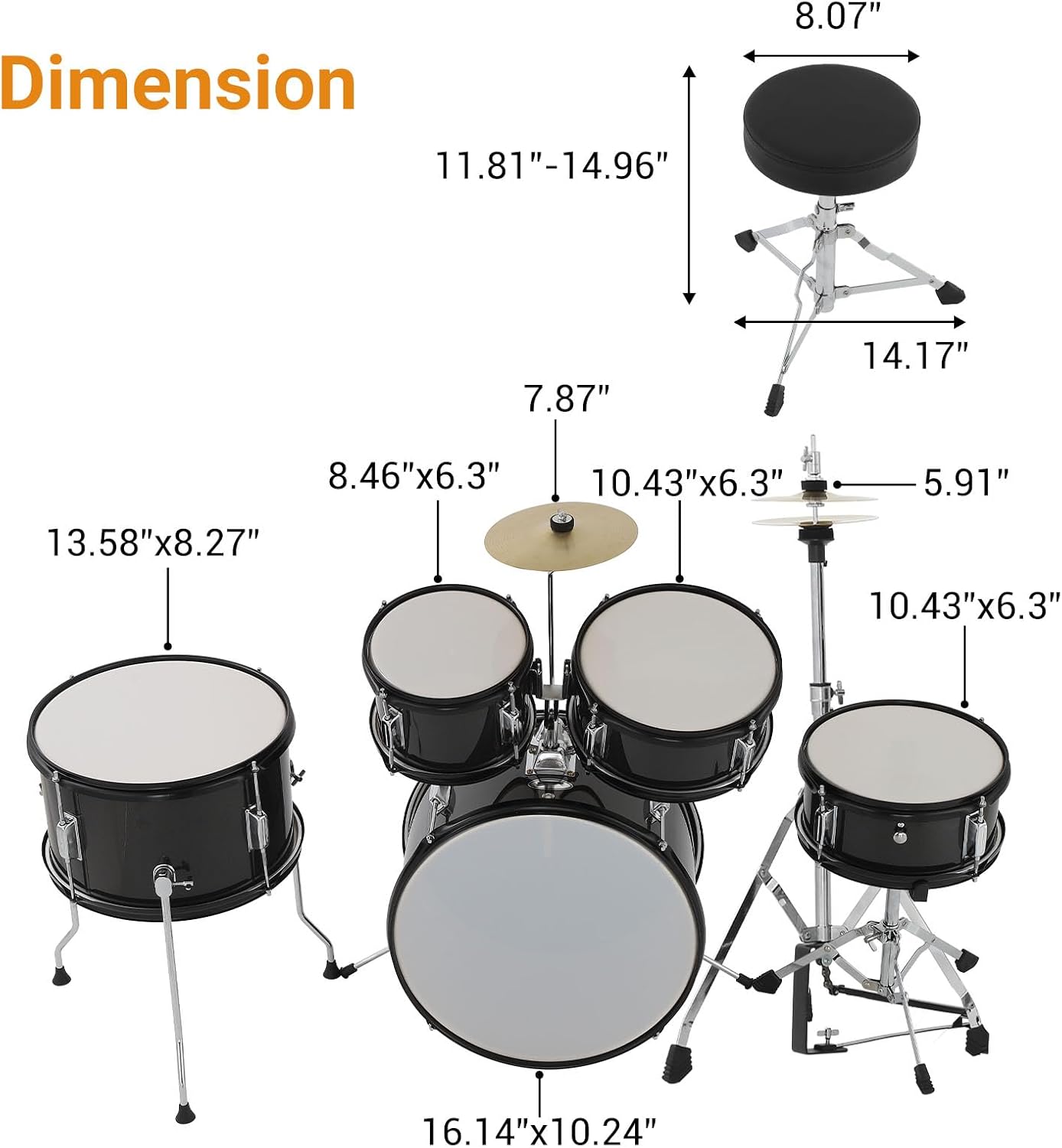 GarveeTech Drum Set 5-Piece for Beginners, Complete Full Size Kit with Bass, Toms, Snare, Stands, Cymbal and Drumsticks