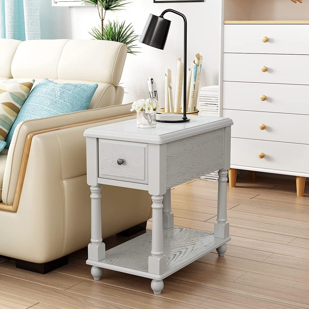 Narrow Open End Table with Drawer, Solid Wood Side Table 2-Tier Skinny Table with Storage Shelves Slim Nightstand Small Sofa End Table for Living Room Bedroom-Antique White 004RW