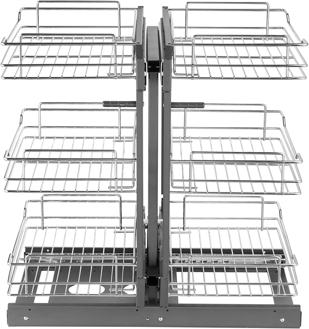 VEVOR 3 Tier 6 Shelf Chrome Carbon Steel Kitchen Cabinet Organizer, Slide Out Storage, Space Saving, Silver, For 15' Width, Food, Jars, Cans, Cookware, Pans, Mugs