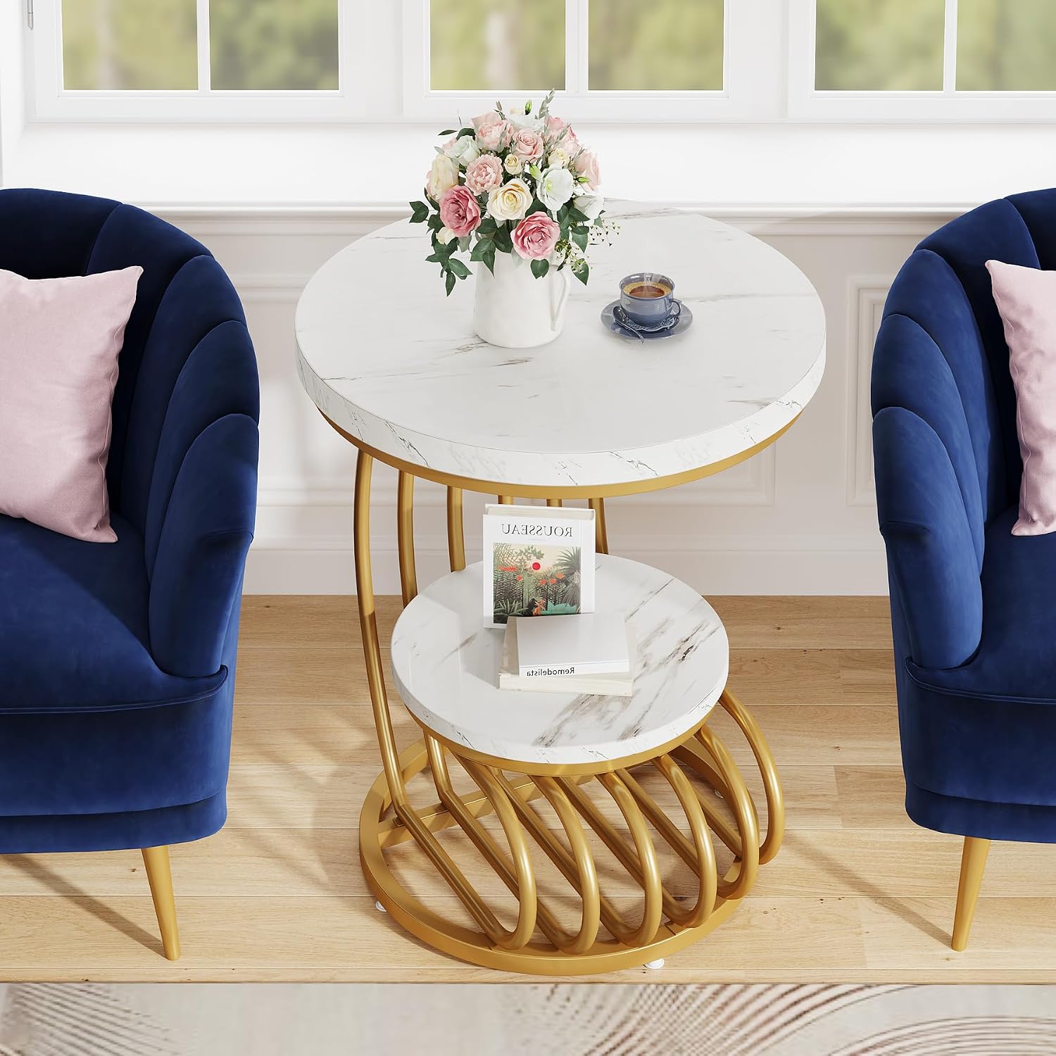 Tribesigns Gold Round End Table: 2 Tiers Faux Marble Side Table with Storage Shelf, Modern White Gold Bedside Nightstand, Metal Arc-Shaped Frame Accent Table for Living Room, Bedroom