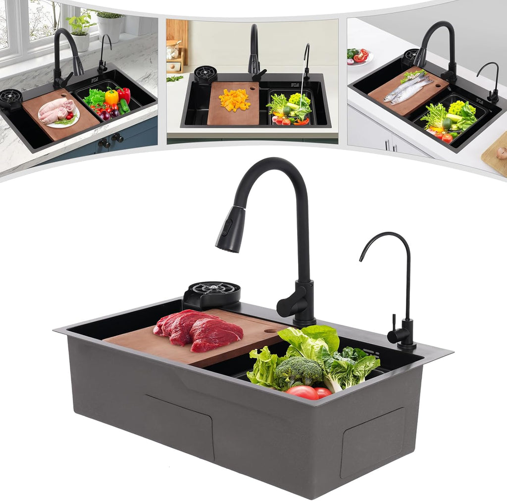 DYRABREST 29.5 Inch Stainless Steel Kitchen Sink Multi-Function Commercial Sink Set with Cutting Board & Basin-in-Basin, Drop-In/Undermount Install, Cup Rinser and Drainer for Restaurant Home (Black)