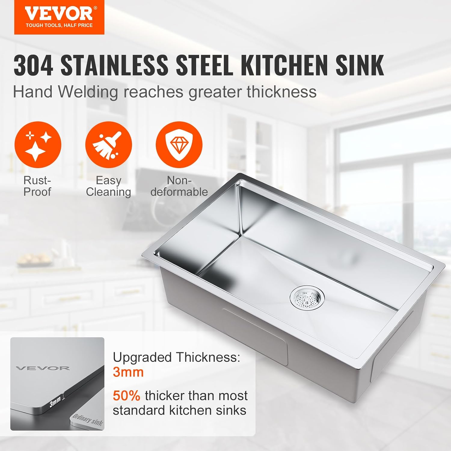 VEVOR 30 inch Kitchen Single Sink, 304 Stainless Steel Undermount Sink Drop-In Single Bowl Farmhouse Basin with Ledge & Multiple Accessories, Household Dishwasher Sinks for Prep Kitchen, Bar 30'*19'