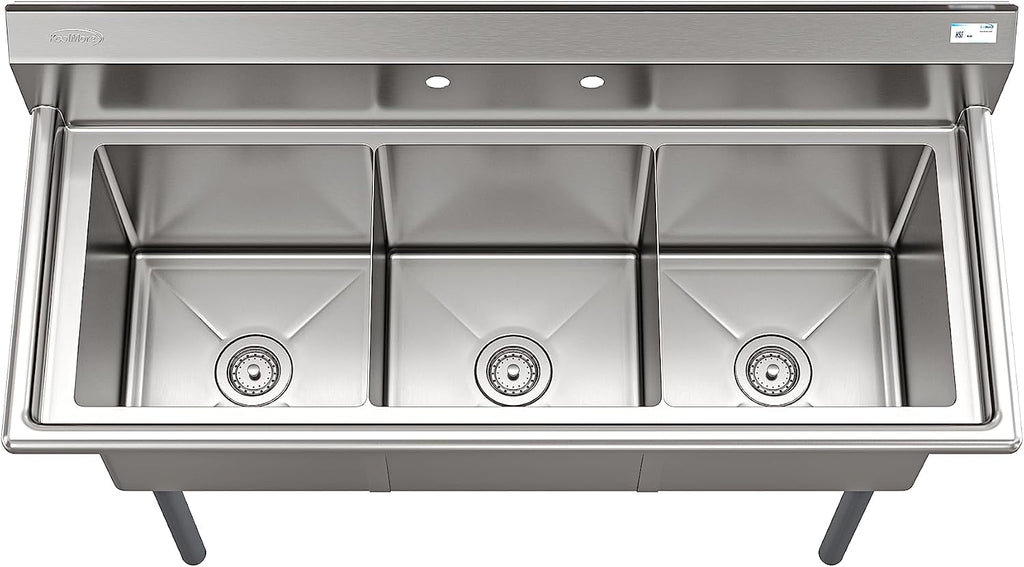 KoolMore 51 in. Three Compartment 16-Gauge Stainless-Steel Commercial Kitchen Sink, Bowl Size 15x15x14, with Three Basins for Washing and Rinsing Dishes and Pre-Drilled Faucet Holes (KM-SC151514-N316)