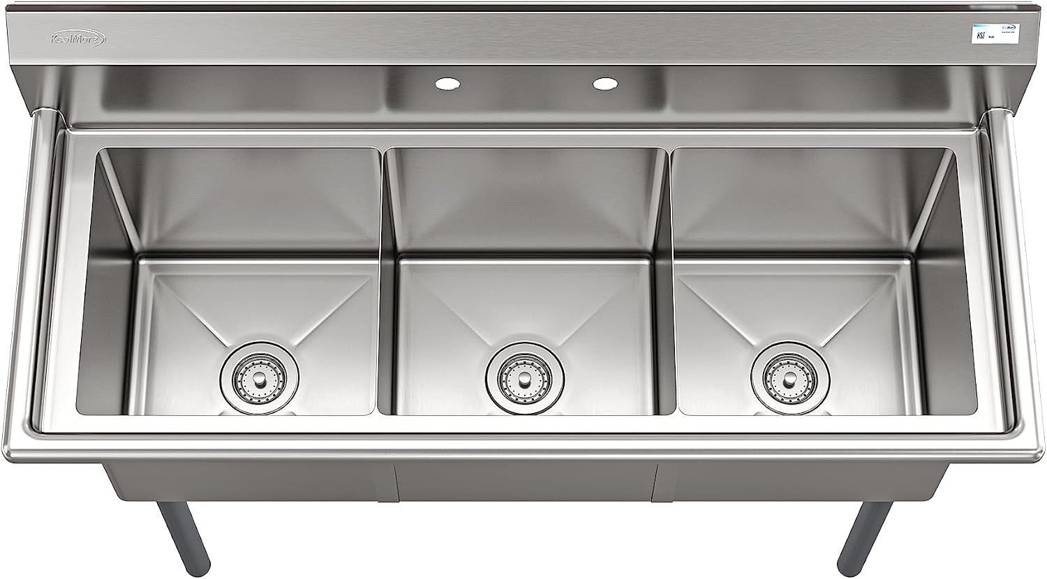 KoolMore 51 in. Three Compartment 16-Gauge Stainless-Steel Commercial Kitchen Sink, Bowl Size 15x15x14, with Three Basins for Washing and Rinsing Dishes and Pre-Drilled Faucet Holes (KM-SC151514-N316)