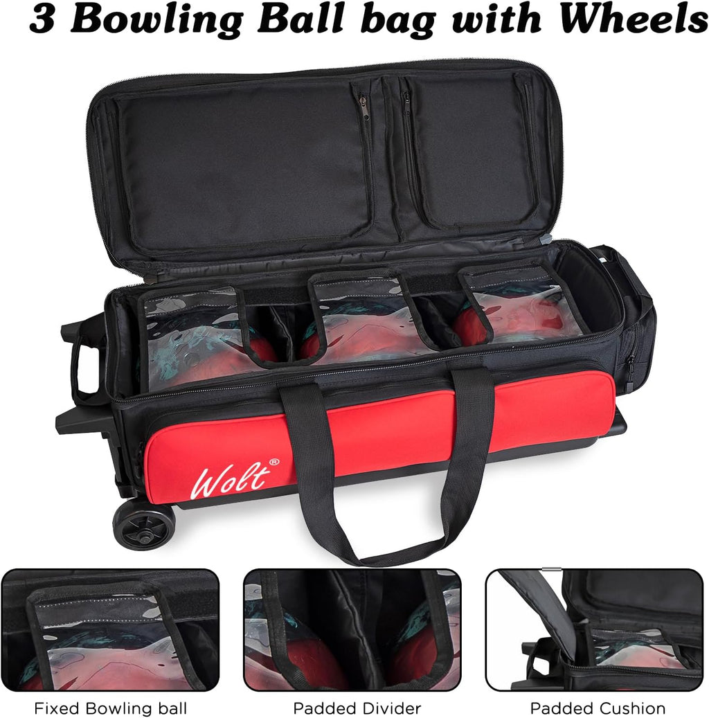 WOLT 3 Ball Bowling Bags with Wheels,Bowling Ball Bag 3 Ball Roller with Separate Shoe Compartment and Accessory Pocket, Retractable Handle Extends to 38''