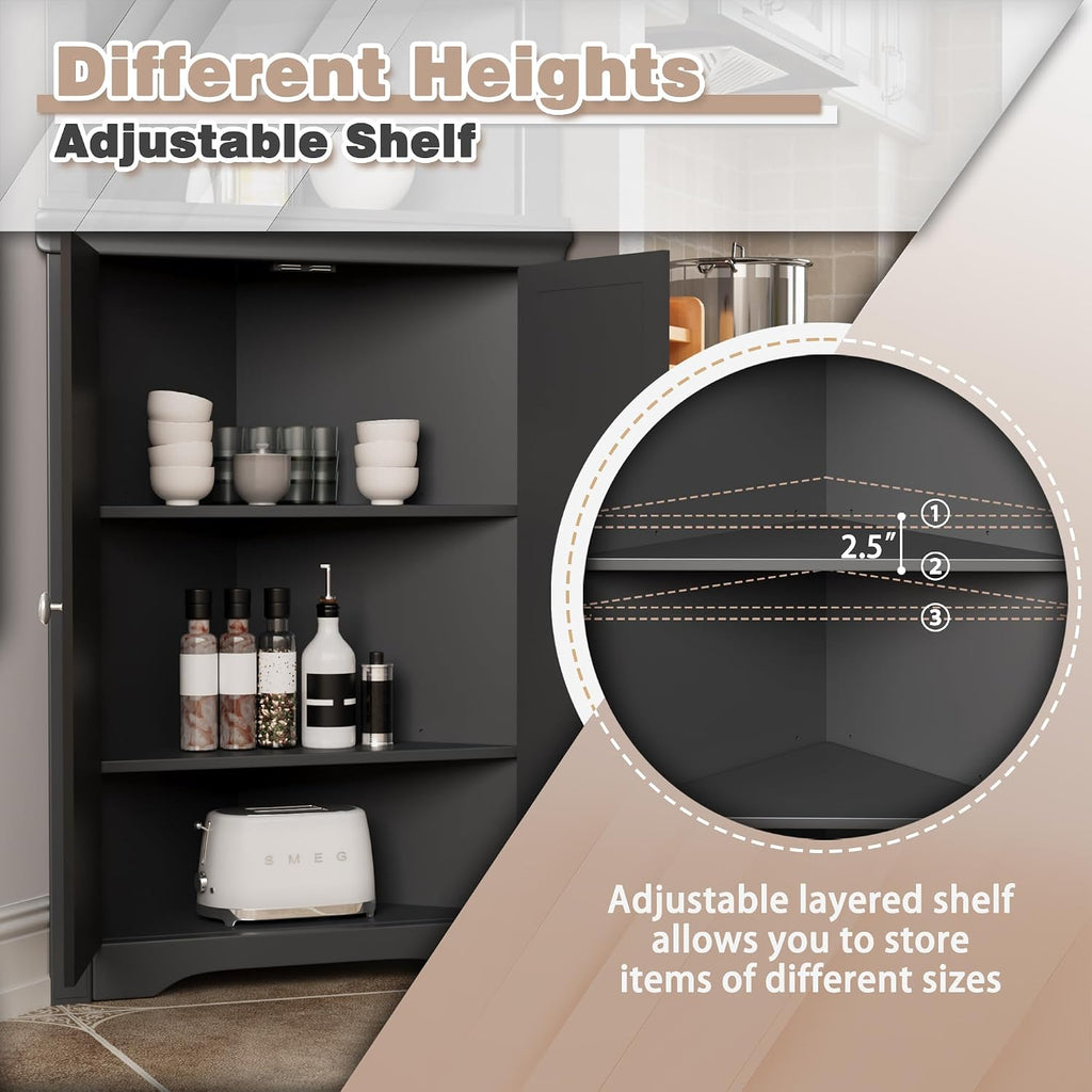JUMMICO Corner Cabinet Corner Bathroom Cabinet with 2 Doors and 3 Tier Shelves Free Standing Corner Storage Cabinet for Bathroom, Living Room, Bedroom or Kitchen (Black)