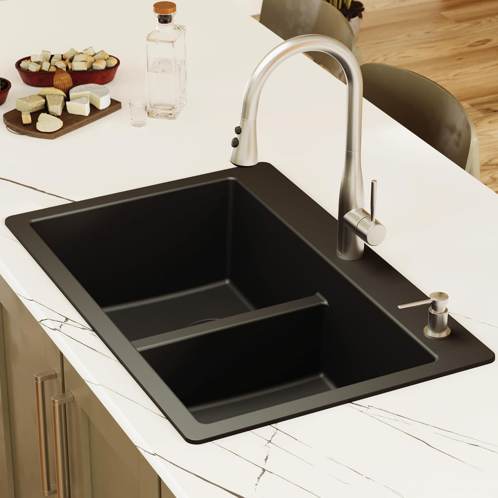 Karran 33' Black Quartz Composite Double Bowl Kitchen Sink – Top Mount Drop-In 50/50 Low Divider, 80% Natural Quartz, 535°F Heat Resistant, Sound Dampening, Granite Composite, QT-810