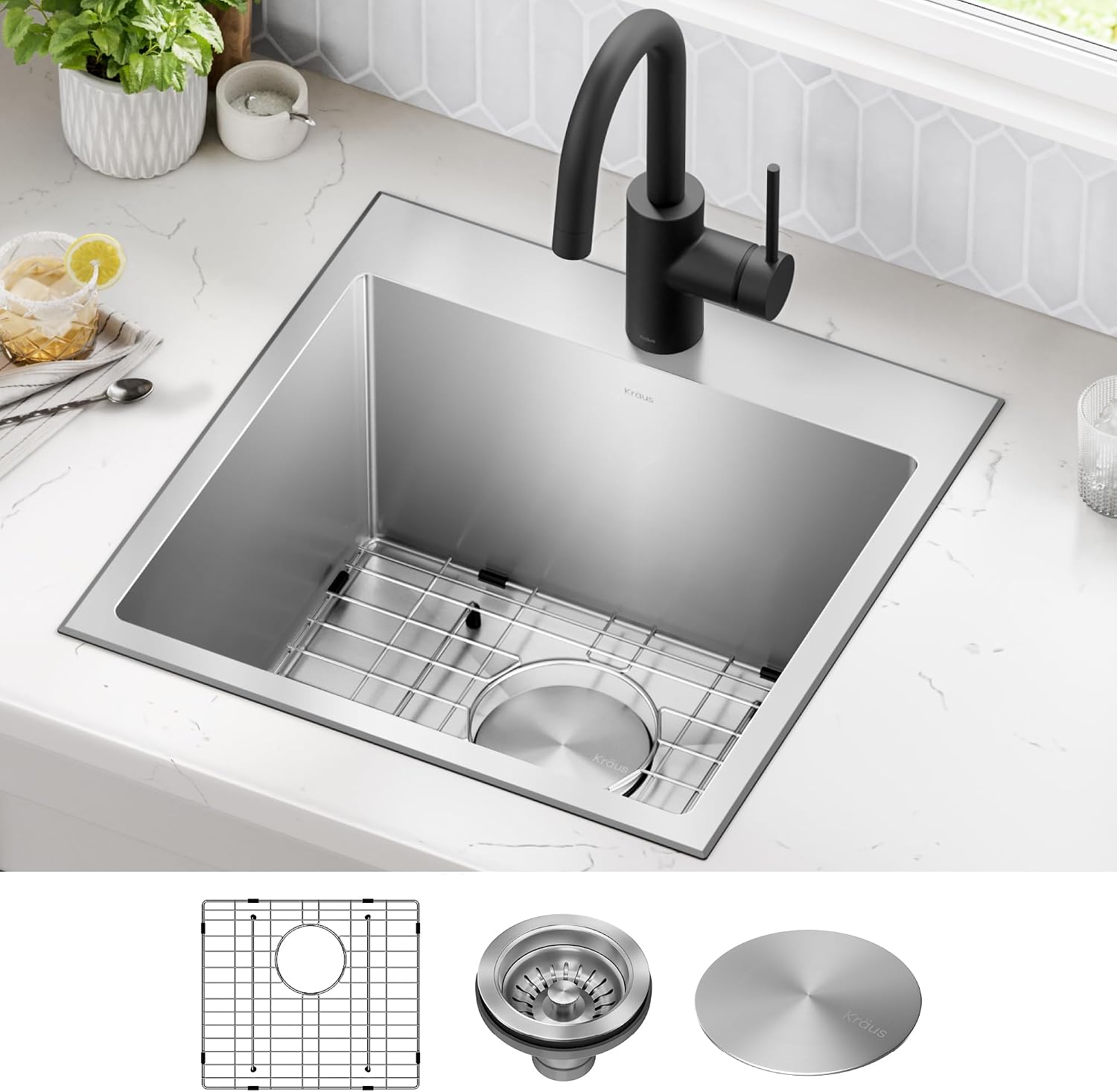 KRAUS 18 x 18 inch Standart PRO™ Drop-In Top Mount 16 Gauge Single Bowl 1-Hole Stainless Steel Kitchen Sink Set (5 Item Bundle: Sink, Bottom Grid, Drain Assembly, Drain Cap, Kitchen Towel), KHT301-18